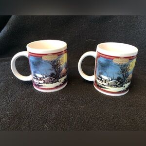 Currier & Ives Coffee Mugs - Winter Holiday Snow Scene